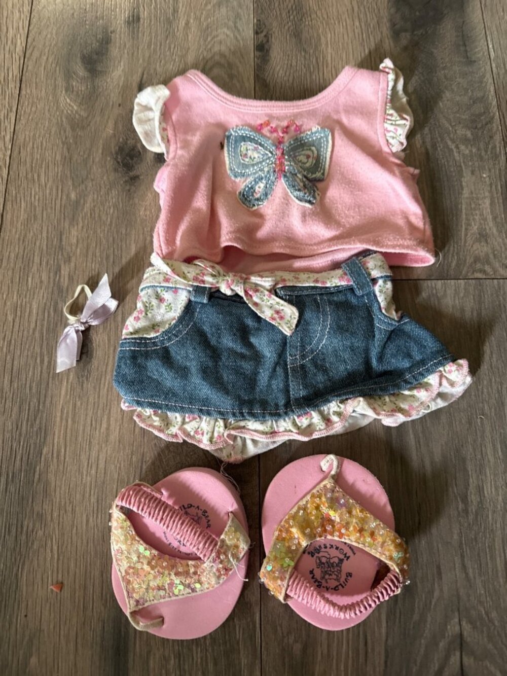 Build-A-Bear Butterfly Outfit Set With Denim Skirt Pink Top Glitter Sandals & Bo
